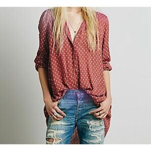 Free People Boyfriend Relaxed Fit Top Deep V-Neck High Low Floral Rust Medium